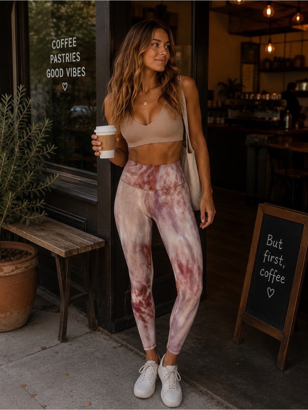 Strut this Tie-Dye High-Waist Leggings in Blush Taupe